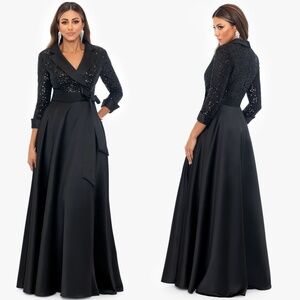 NEW XSCAPE Black SEQUINED Tuxedo SATIN Belted EVENING Gala Party BALL GOWN 6